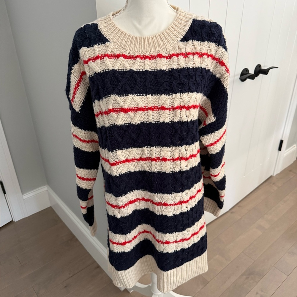 J. Crew Navy, Cream & Red Striped Cable Knit Crewneck Sweater